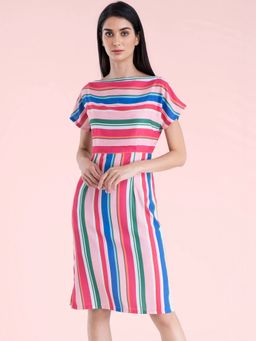 FABLE STREET - Boat Neck Drop Shoulder Stripe Dress - Multicolour