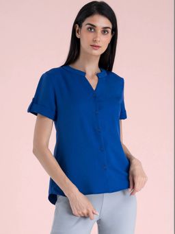 FableStreet - Mandarin V Neck Top - Royal Blue