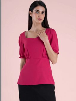 FableStreet - Sweetheart Neckline Puff Sleeve Top - Fuchsia
