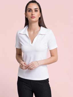 FableStreet - White 4 Way Stretch Collared Livin T-Shirt