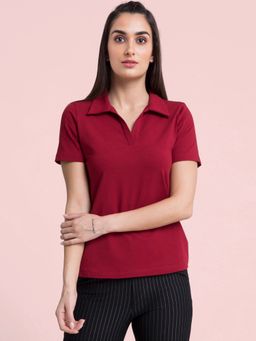 FableStreet - Maroon 4 Way Stretch Collared Livin T-Shirt