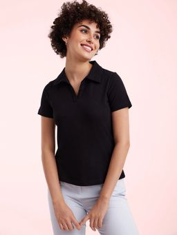 FableStreet - Black 4 Way Stretch Collared Livin T-Shirt