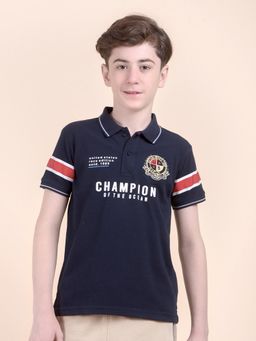 Cantabil - Navy Blue Regular Fit Poly Cotton Fabric Printed Casual Polo T-Shirt