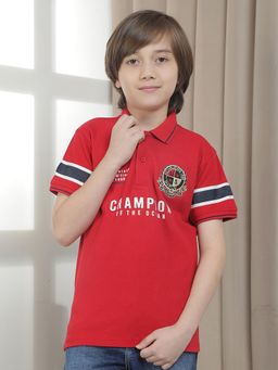 Cantabil - Red Regular Fit Poly Cotton Fabric Printed Casual Polo T-Shirt