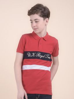 Cantabil - Red Regular Fit Poly Cotton Fabric Colorblock Casual Polo T-Shirt