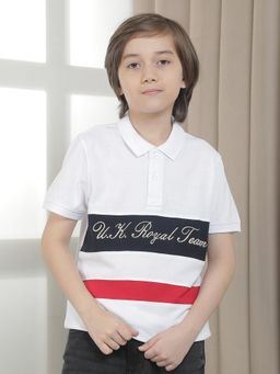Cantabil - White Regular Fit Poly Cotton Fabric Colorblock Casual Polo T-Shirt