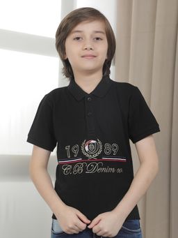 Cantabil - Black Regular Fit Poly Cotton Fabric Embroidered Casual Polo T-Shirt
