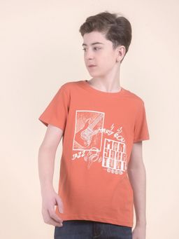 Cantabil - Orange Regular Fit Poly Cotton Fabric Printed Casual T-Shirt