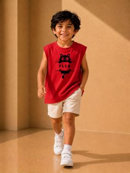 FLCN - Boys Red Hanging Cat Boxy T-Shirt