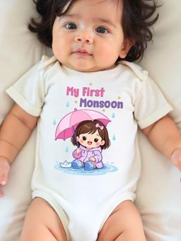 KNITROOT - White Monsoon Theme Half Sleeves My First Monsoon Bodysuit