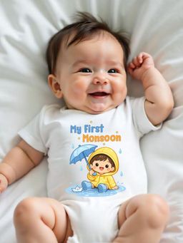 KNITROOT - White Monsoon Theme Half Sleeves My First Monsoon Bodysuit