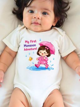 KNITROOT - White Monsoon Theme Half Sleeves My First Monsoon Adventure Bodysuit