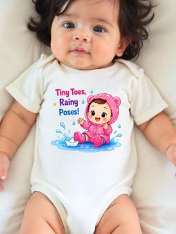 KNITROOT - White Monsoon Theme Half Sleeves Tiny Toes Rainy Poses Bodysuit