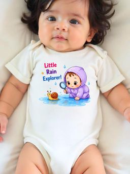 KNITROOT - White Monsoon Theme Half Sleeves Little Rain Explorer Bodysuit