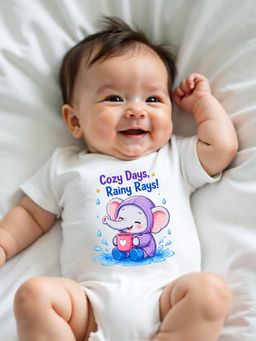 KNITROOT - White Monsoon Theme Half Sleeves Cozy Days Rainy Rays Bodysuit
