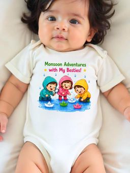 KNITROOT - White Monsoon Theme Half Sleeves Monsoon Adventures with My Besties Bodysuit