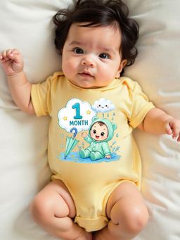KNITROOT - Yellow Birthday Theme Half Sleeves 1 Month Print Bodysuit