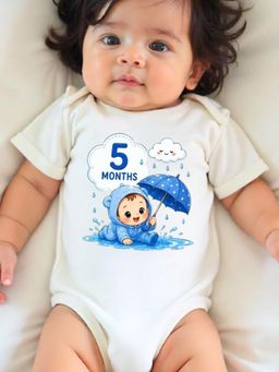 KNITROOT - White Birthday Theme Half Sleeves 5 Months Print Bodysuit