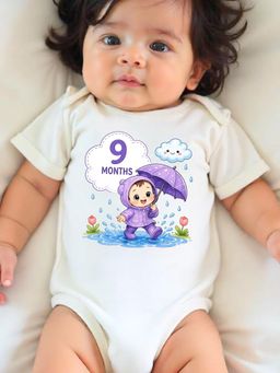KNITROOT - White Birthday Theme Half Sleeves 9 Months Print Bodysuit