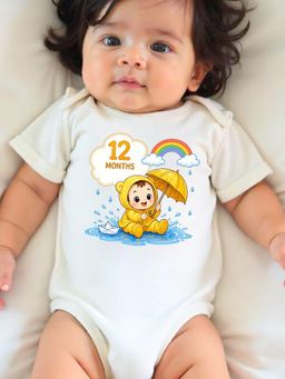 KNITROOT - White Birthday Theme Half Sleeves 12 Months Print Bodysuit