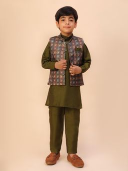 Pro Ethic Style Developer - Green Kids Kurta with Waistcoat and Pant