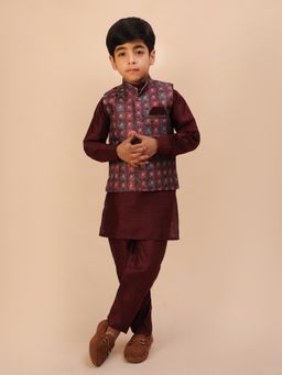 Pro Ethic Style Developer - Maroon Kids Kurta with Waistcoat and Pant