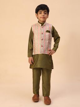 Pro Ethic Style Developer - Green Kids Kurta with Waistcoat and Pant