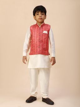 Pro Ethic Style Developer - Red Kids Kurta with Waistcoat and Pant