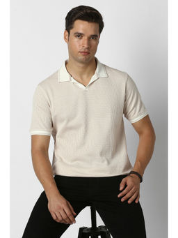 Peter England - Men Beige Textured Polo T-Shirt