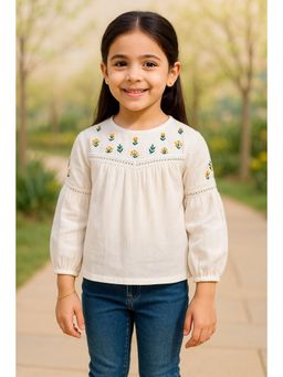 Miyo - Girls Embroidered Cotton Top with Puff Sleeves