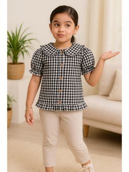 Miyo - Girls Checked Cotton Top with Puff Sleeves and Frill Detail