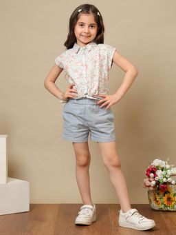 Miyo - Girls Cotton Poplin Printed Shirt Style Top with Tie-Up Detail