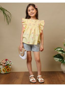 Miyo - Girls Cotton Cambric Printed Top with Ruffle Sleeves