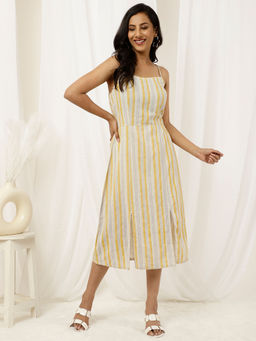 Jaipur Kurti - Beige and Yellow Striped Strappy Cotton Dress with Slits