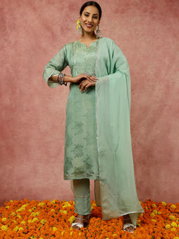 Jaipur Kurti - Embellished Green Silk Straight Kurta with Pants and Organza Dupatta (Set of 3)