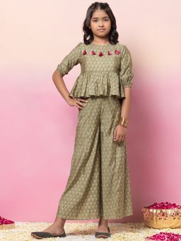 Miss Indya - Green Floral Boota Print Peplum Top