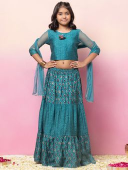 Miss Indya - Teal Printed Tiered Lehenga with Choli and Dupatta (Set of 3)