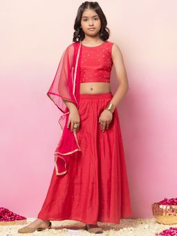 Miss Indya - Dark Pink Lehenga with Choli and Mesh Dupatta (Set of 3)