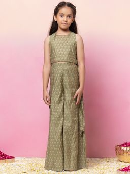 Miss Indya - Green Boota Print Back Tie Up Crop Top with Palazzo Pants (Set of 2)
