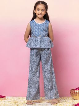 Miss Indya - Indigo Blue Block Print Crop Top and Pants (Set of 2)