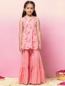 Miss Indya - Pink Printed Tiered Sharara with Sleeveless Kurta (Set of 2)