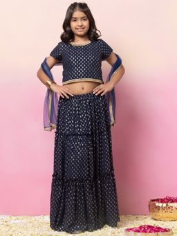Miss Indya - Navy Blue Foil Print Tiered Lehenga with Choli and Mesh Dupatta (Set of 3)