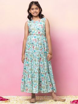 Miss Indya - Pastel Blue Block Print Tiered Maxi Dress
