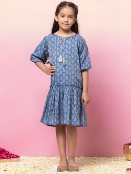 Miss Indya - Indigo Blue Block Print Tiered Dress with Belt (Set of 2)