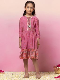 Miss Indya - Purple Floral Foil Print Tiered Dress