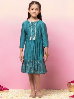 Miss Indya - Turquoise Floral Foil Print Tiered Dress