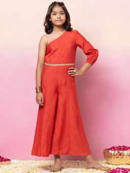 Miss Indya - Red Printed One Shoulder Jumpsuit with Dori Belt (Set of 2)