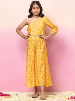 Miss Indya - Yellow Floral Print One Shoulder Jumpsuit with Dori Belt (Set of 2)