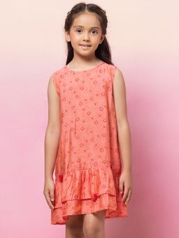 Miss Indya - Peach Bandhani Print Sleeveless Tiered Dress