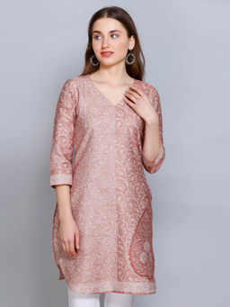 Kidar - Women Peach Ethnic Wear Cotton Silk Kurti